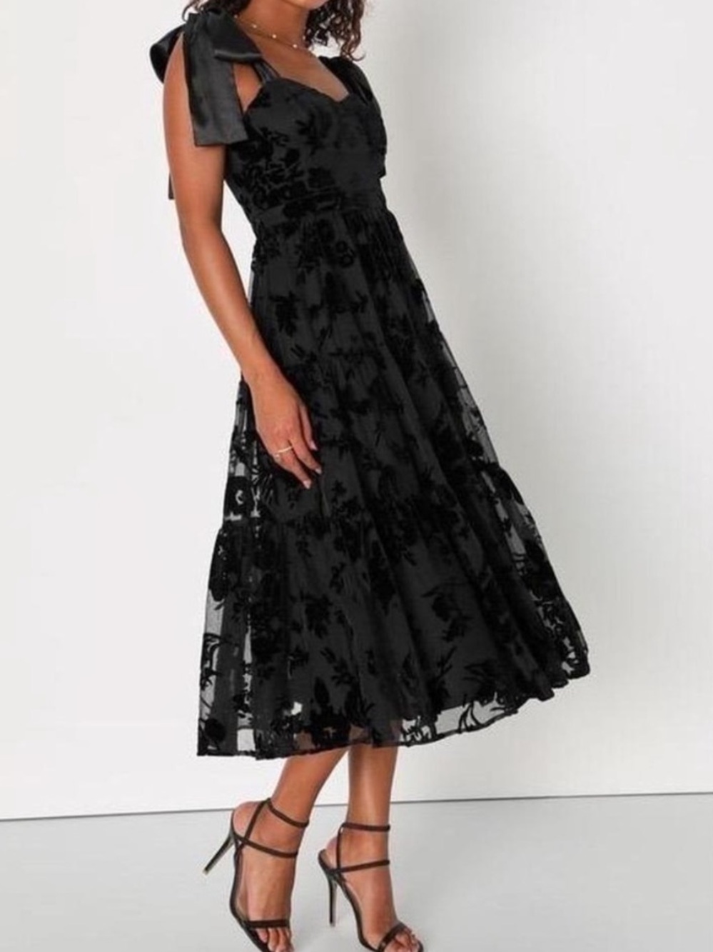NWT Lulus Sweet Essence Black Floral Burnout Velvet Tie-Strap Midi Dress XL